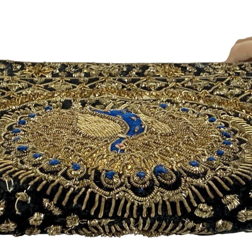 Vintage Black Velvet Peacock Gold Embroidered Beaded Floral Evening Bag Clutch - Picture 12 of 16